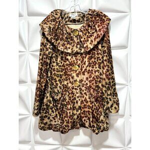 Anis A USA Sz S Brown Leopard Print Ruffle Collar Duster Swing Jacket Womens